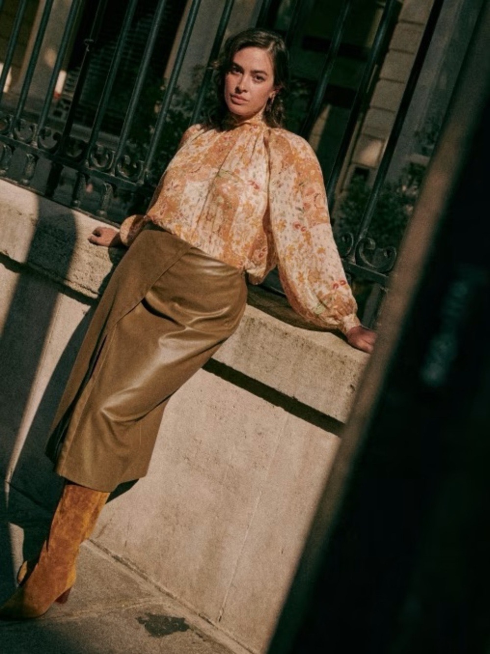 SEZANE Orange Tan Boho Floral Patchwork Flowy Chiffon Tie Back Solange Blouse - Picture 12 of 17